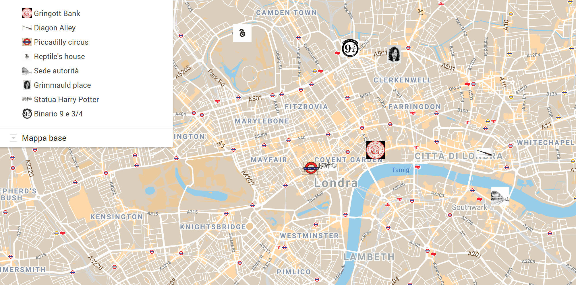 Mappa luoghi HP 1 Londra con icone